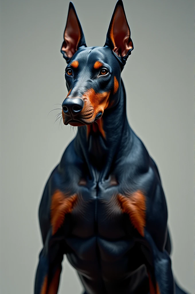 Generate a high-resolution, ultra-realistic image of a Doberman Pinscher with a sleek, muscular build. The dog’s coat should be in vibrant colors like red or blue, with a serious and alert expression, capturing its formidable presence.”