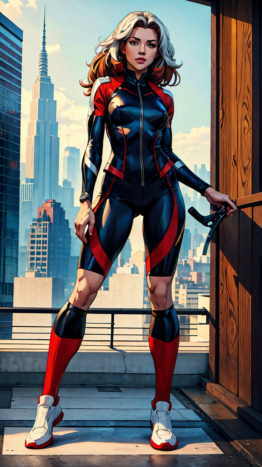 ((Full body shot, standing, feet on the ground)) Rogue, X-Men, (best quality, 4k, 8k, high resolution, cyclist body, masterpiece: 1.2), ultra detailed, (realistic, photorealistic, photorealistic: 1.37), full body photo, high boots, voluminous hair, beauty pose, standing, feet showing, outdoors, city roof by day, black red and white