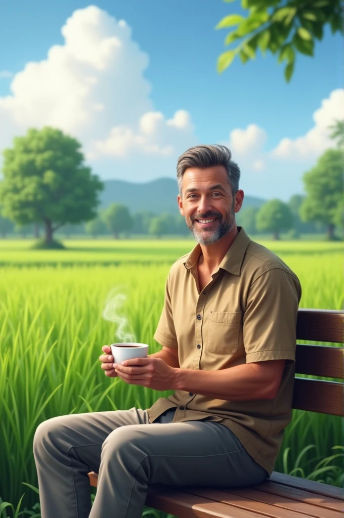 Realistic, handsome man 40 years short hair, thin smile, wearing light brown shirt and faded gray pants, drinking coffee, sitting on a bench , green rice fields on the background, trees, cloud and blue sky in the morning, happy atmosphere
