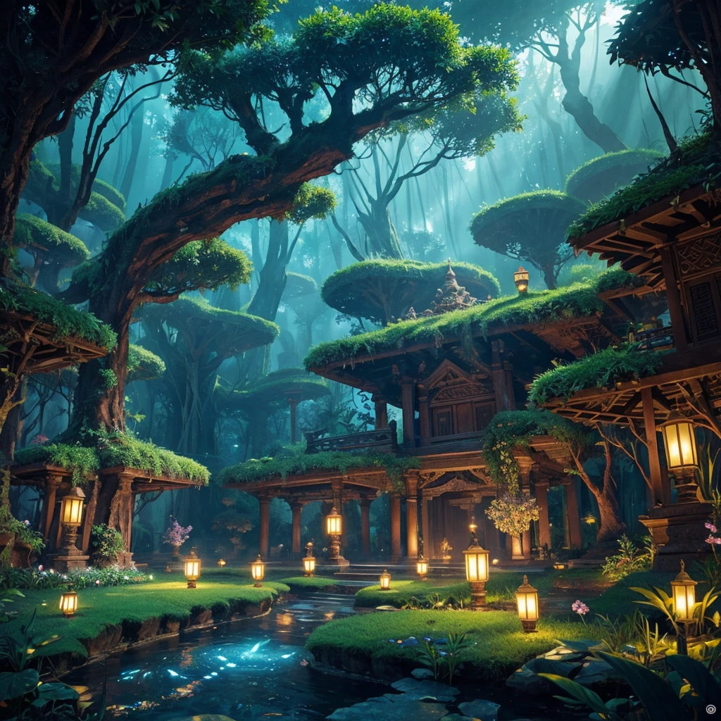 Create an image of an underground realm filled with harmonious bioluminescent flora and fauna, forming a serene underground utopia. The scene should be inspired by the Majapahit Empire, blending elements of its legend, mythology, and historical sagas. The environment should be lush with glowing plants and mystical creatures, casting a soft, enchanting light across the underground landscape. The architecture and design should incorporate Majapahit motifs, such as ornate carvings, ancient stone structures, and intricate patterns, seamlessly integrated into the natural surroundings. The overall image should be a masterpiece, with photorealistic detail, vibrant colors, and a sense of otherworldly peace and harmony, capturing the mystical and legendary atmosphere of this hidden realm.