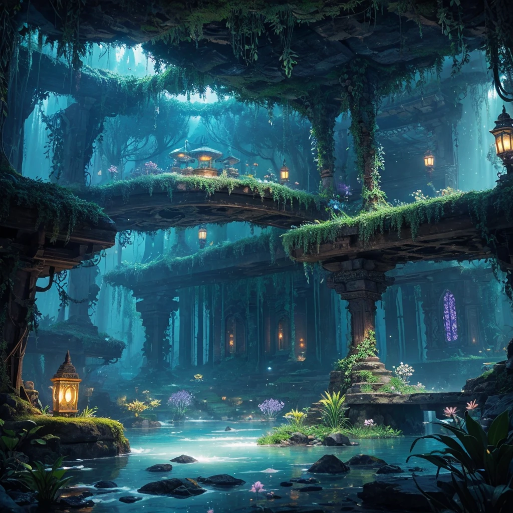 Create an image of an underground realm filled with harmonious bioluminescent flora and fauna, forming a serene underground utopia. The scene should be inspired by the Majapahit Empire, blending elements of its legend, mythology, and historical sagas. The environment should be lush with glowing plants and mystical creatures, casting a soft, enchanting light across the underground landscape. The architecture and design should incorporate Majapahit motifs, such as ornate carvings, ancient stone structures, and intricate patterns, seamlessly integrated into the natural surroundings. The overall image should be a masterpiece, with photorealistic detail, vibrant colors, and a sense of otherworldly peace and harmony, capturing the mystical and legendary atmosphere of this hidden realm.