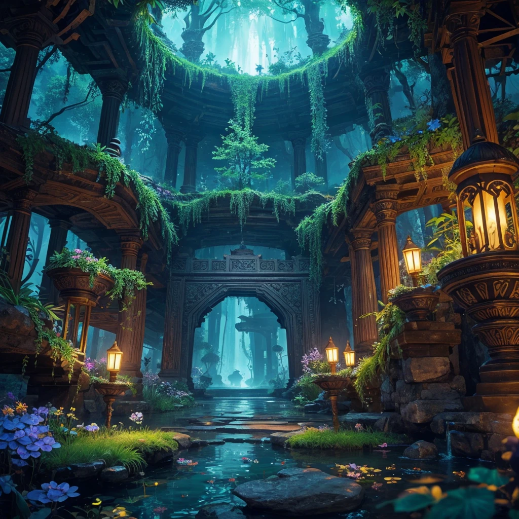 Create an image of an underground realm filled with harmonious bioluminescent flora and fauna, forming a serene underground utopia. The scene should be inspired by the Majapahit Empire, blending elements of its legend, mythology, and historical sagas. The environment should be lush with glowing plants and mystical creatures, casting a soft, enchanting light across the underground landscape. The architecture and design should incorporate Majapahit motifs, such as ornate carvings, ancient stone structures, and intricate patterns, seamlessly integrated into the natural surroundings. The overall image should be a masterpiece, with photorealistic detail, vibrant colors, and a sense of otherworldly peace and harmony, capturing the mystical and legendary atmosphere of this hidden realm.