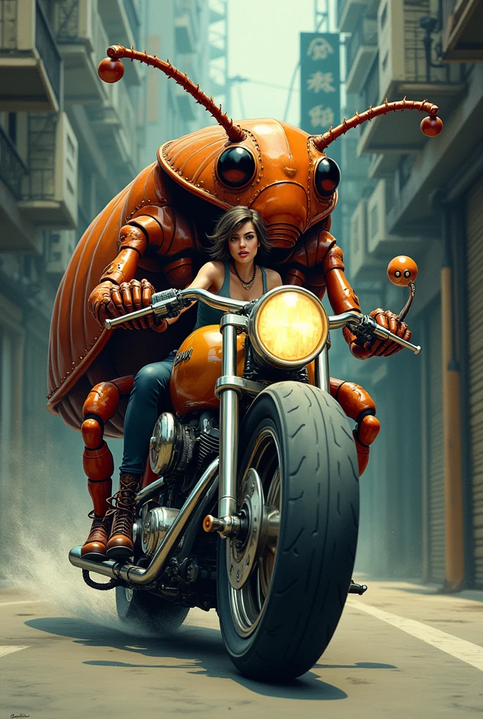 Cockroach riding a motorcycle,drawing,Women riding pillion