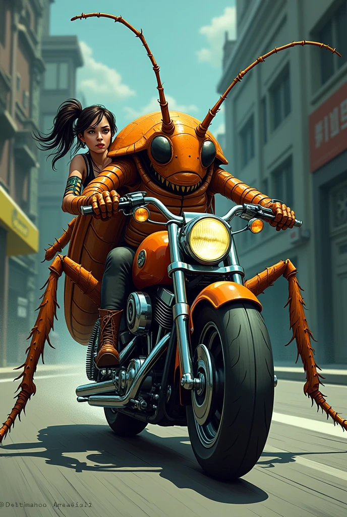 Cockroach riding a motorcycle,drawing,Women riding pillion