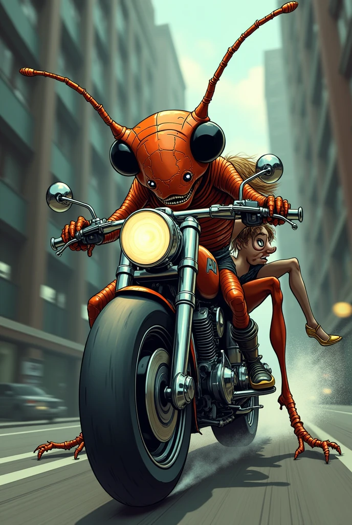 Cockroach riding a motorcycle,drawing,Women riding pillion