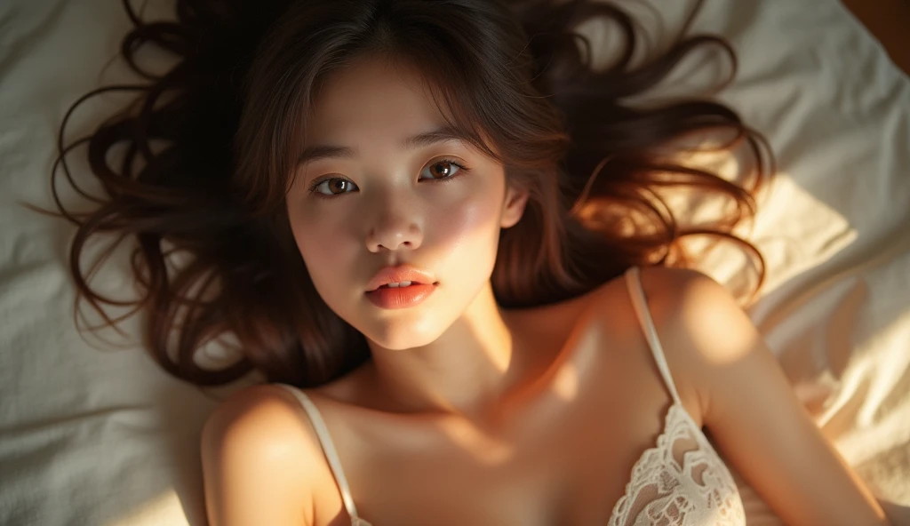 raw photo, 1young girl, kawaii, brown eyes, unique, individual, distinctive face, extremely detailed eye and face, fair skin, lace cute bra, beautiful breasts, upper body, (Best Quality, highly detailed:1.2) High-definition raw color photos, professional photograpy, Realistic portrait, sunset shining through the window, breathtaking beauty, lying on the bed, from above