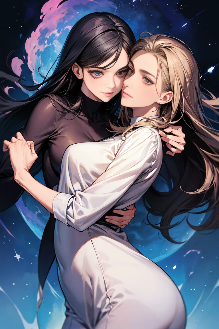 A high resolution, masterpiece, Very detailed, Two girls, Very long hair, naked, flat chest, Holding hands, sad face, full length, Front angle, 