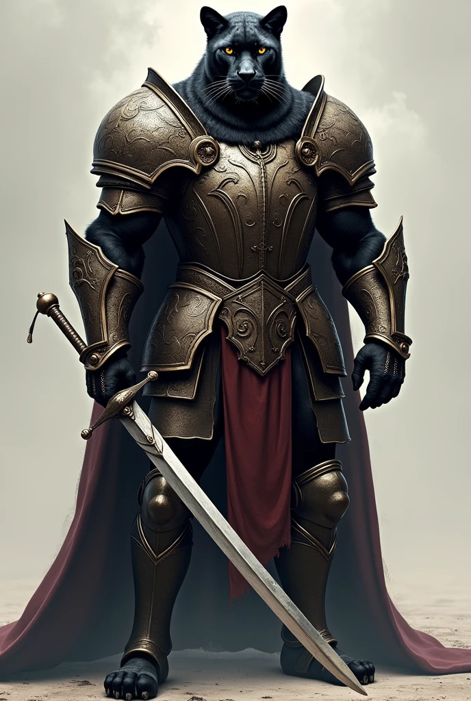A black panther equipped with extremely stylish and imposing medieval armor, that looks strong and heavy. The armor must be beautiful and detailed., with an intense and fixed gaze forward. She holds a sword in a firm and determined stance., transmitting strength and determination with muscle