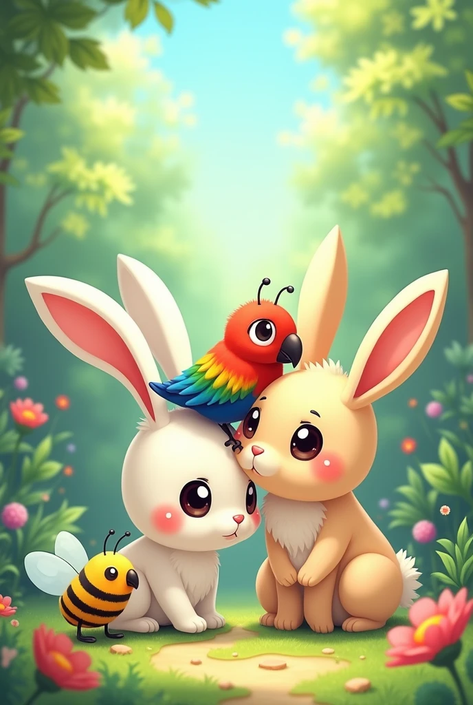 a rabbit, A parrot and a bee who are friends in anime