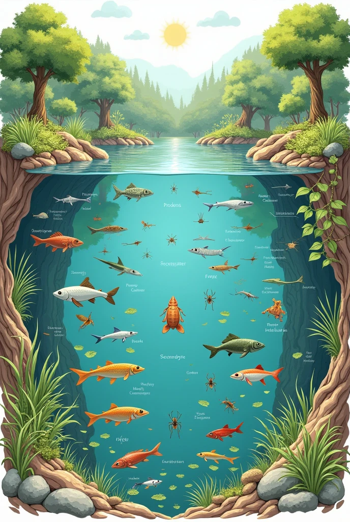 You can create a diagram that illustrates an ecosystem of a small freshwater lake..consider including:
Producers: aquatic plants, began.
Primary consumers: Aquatic insects, small fish.
Secondary consumers: Bigger fish, frogs.
Decomposers Mark with text what each thing belongs to