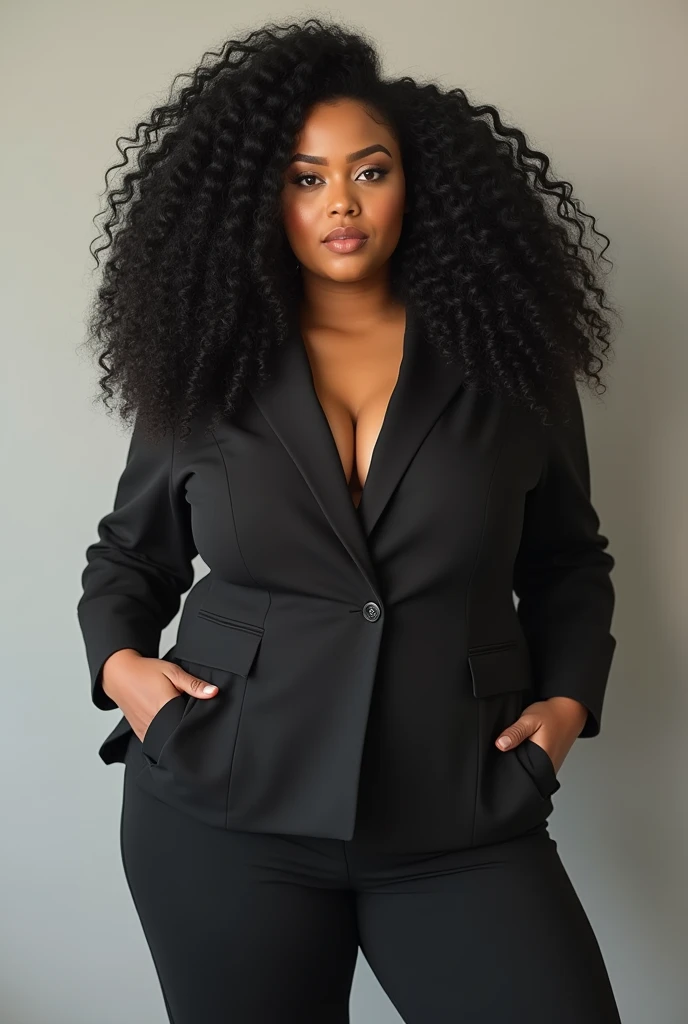 Brunette woman with very curly hair, super curly, black hair, full body shoot, athletic, curvy woman, big saggy breast, big tits, wide tights, round ass, dressed for business