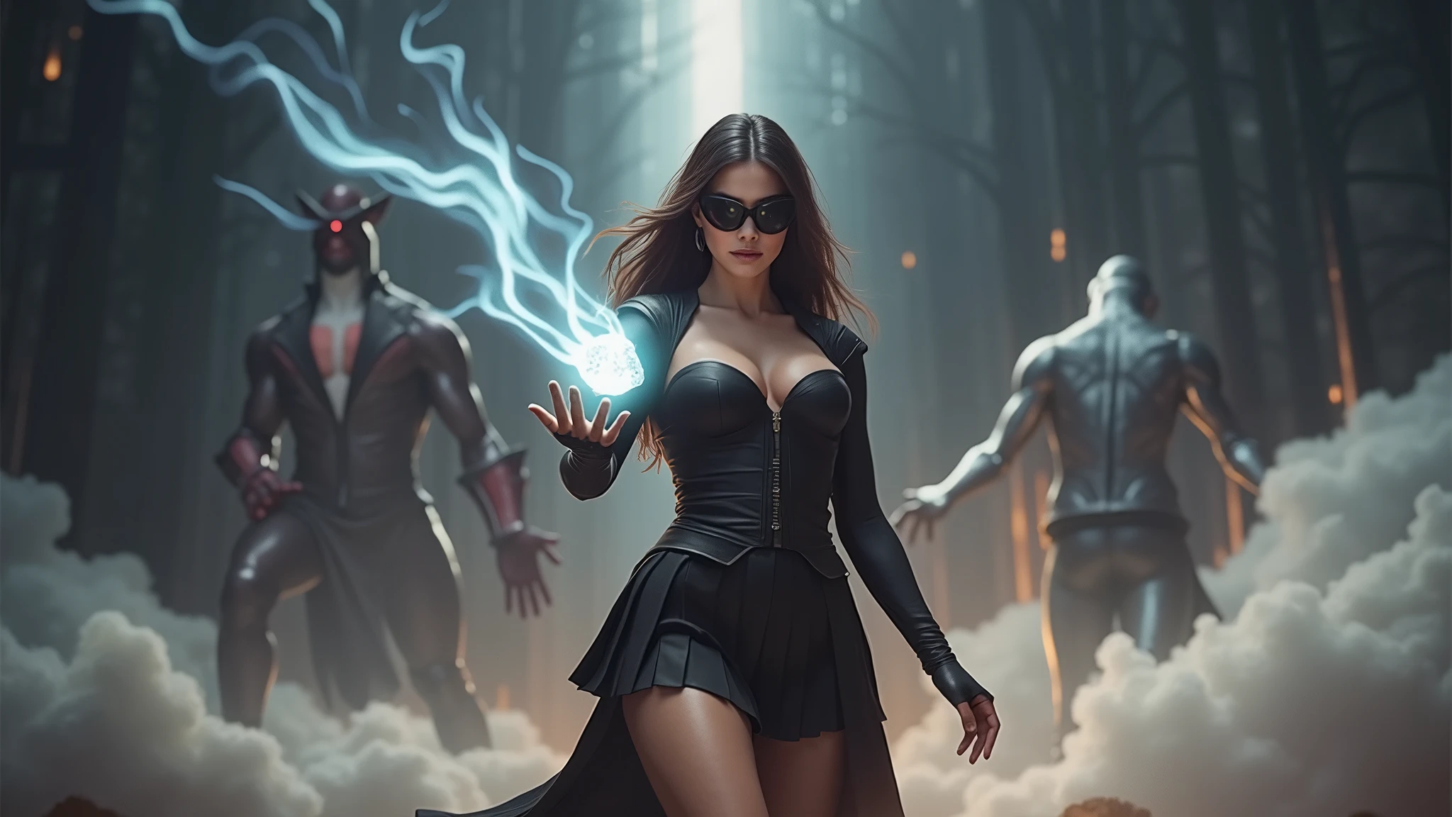 A young futuristic female sorcerer with a glowing floating small crystal stone, releasing mysterial spell and magical power, facing and defeating dark forces and beings. She stands with her right hand raised forward with a blue fire of light, floating ghost-like evil spirit chasing behind, at night, (1girl, solo, alone), photorealistic, large-breast slim:0.6 body, oval:0.5 face, cleavage:1.1, very low angle view of pleated miniskirt, deep-v, (upskirt), glove, (Matrix style black micro sunglasses), dynamic running pose, (half-body thigh level close-up shot), cinematic lighting, ray tracing, motion blur background.