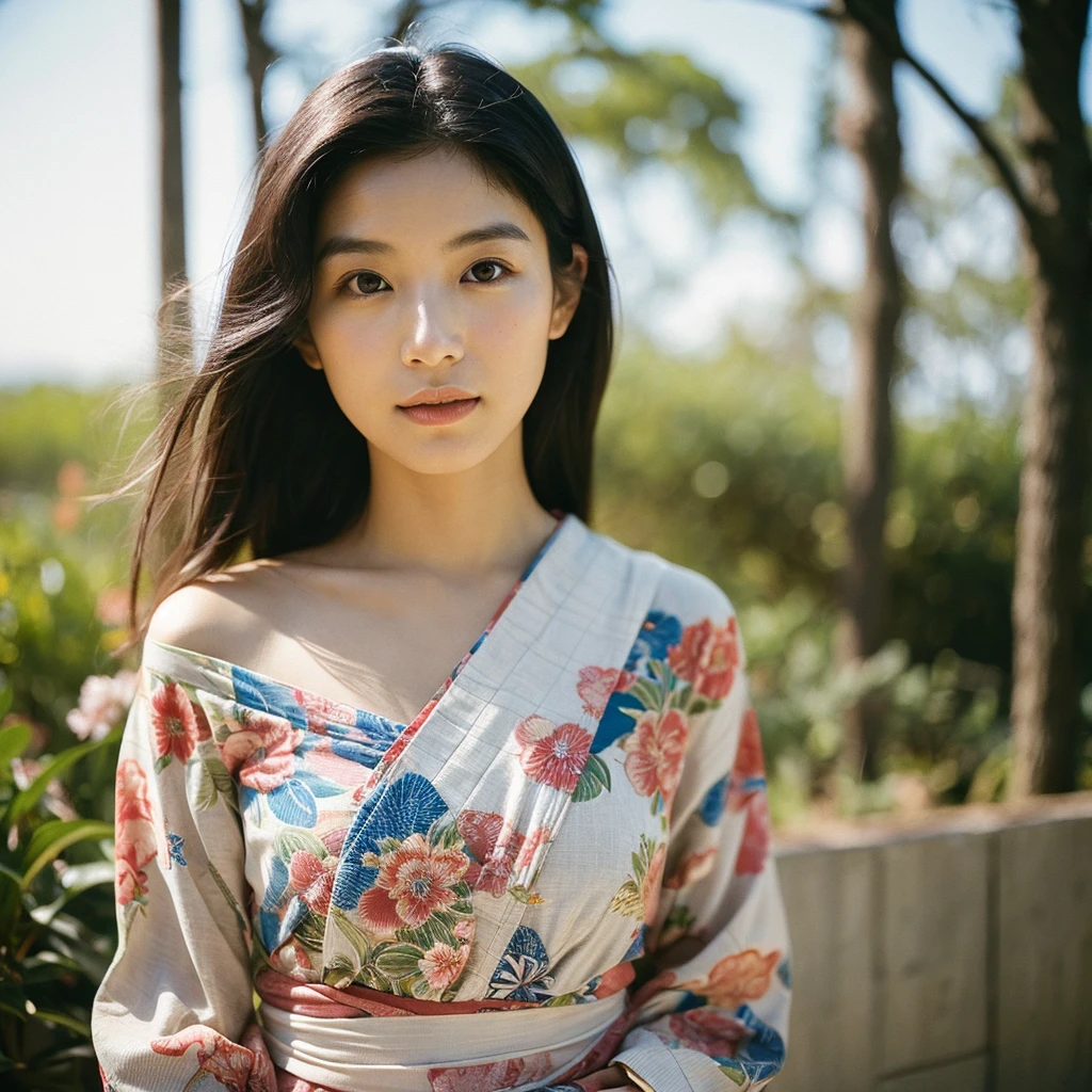 A hyper-realistic image of a single Japanese woman in her early 20s, captured from the shoulders up with the nostalgic warmth and subtle graininess of a film camera. She is wearing a traditional yukata with a vibrant, cute design featuring bold and colorful floral patterns such as cherry blossoms and peonies in shades of pink, red, and lavender, set against a soft pastel background. The obi is elegantly tied with a complementary color, adding a playful touch. The fabric of the yukata appears naturally lightweight, with visible folds and textures that enhance its realism, draping gracefully over her shoulders. Her skin, seen clearly from the shoulders up, has a warm beige tone with a highly realistic, slightly rough texture, showcasing visible pores, fine lines, and minor blemishes, along with subtle unevenness, such as delicate dryness around the cheeks and small natural shadows under the eyes. The lighting is soft and subdued, replicating the gentle, diffused natural light of an overcast day or early evening, creating realistic shadows across her face. These shadows subtly contour her cheekbones, nose, and jawline, adding depth and dimension to her facial features, enhancing the lifelike quality of her skin texture. Her straight, glossy black hair frames her face naturally, slightly tousled, adding to the authenticity of her look. Her deep brown eyes reflect the ambient light, providing depth and a natural, lifelike shine. The film camera effect introduces a noticeable grain and a soft focus, giving the image a warm, nostalgic atmosphere while maintaining the raw, lifelike quality of her skin. The composition is centered solely on her, capturing her serene and understated elegance, focusing closely on the detailed textures of the yukata and the authentic, natural skin texture, with dynamic lighting and shadow play that mimics a real-life photograph.