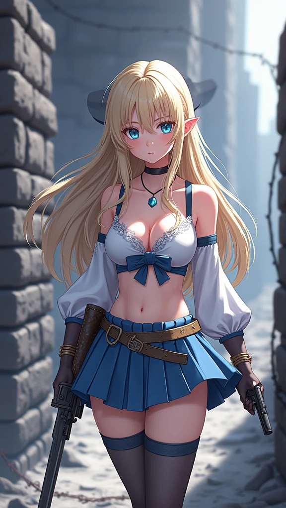 blond woman in a blue dress holding a sword and a gun,vestuario samurái colegiala japonesa, (mini skirt plizada :1.4),(Babydoll Sucker Punch) ,(corbata) ,mostrando vientre plano, ciri from the witcher, elisha cuthbert as a rpg warrior, ciri, imogen poots as a holy warrior, dove cameron in a knight armor, imogen poots as a d&d paladin, imogen poots as a paladin, (Sucker Punch:1.4), high quality, (RAW photo, best quality), (realistic, photorealistic: 1.4), (extremely delicate and beautiful: 1.4), amazing, fine details, masterpiece, ultra detailed, high resolution, best illustration, best shadow, intricate, ( extremely intricate: 1.2), (exquisitely detailed skin), cinematic light, perfect anatomy, (cool color: 1.4), sharp focus, 8k UHD, DSLR, (Fujifilm XT3),(fondo trincheras utilizadas en la Segunda Guerra Mundial en las líneas de combate)