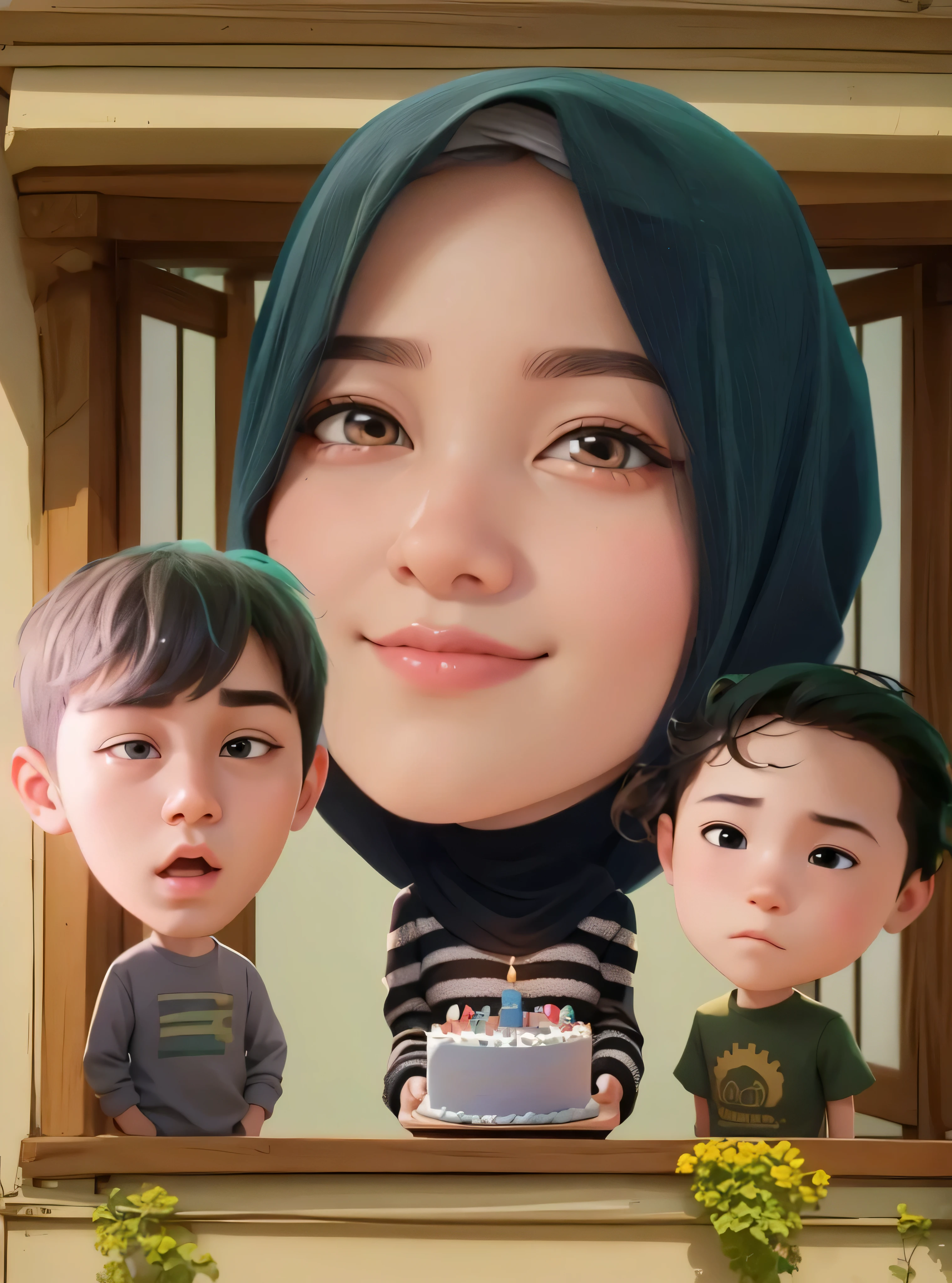 a close up of a hijab woman, Carrying a birthday cake and beside it two boys, full protrait, realism artstyle, inspired by Nil Gleyen, nft portrait, fanart, portait photo profile picture, kawaii realistic portrait, in cartoon style, inspired by JoWOnder, protrait, high quality portrait, sakimi, inspired by Kim Jeong-hui