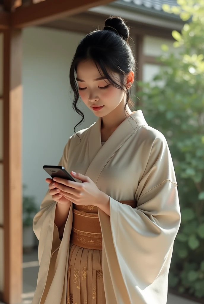 A young Japanese woman holding a mobile phone、Bowing