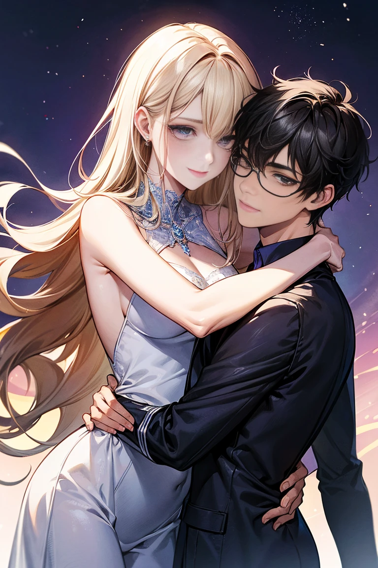 (ultra detalhado, absolutamente resolução, melhor qualidade:1.3), 2.5D, bela moça, fleeting e sad expression, cabelo liso castanho claro bagunçado em camadas, testa, (attractive e seductive) e (amorous e lewd) Face, inventar, vestindo um vestido preto de estilingue, proporções glamourosas, fundo escuro e opaco, delicate e dynamic effects, efeitos de filtro nebulosos, efeitos de iluminação iridescente, artístico, Hiper, arte digital gráfica em CG, BREAK olhos escuros, man and woman, couple, love, mature, a cat woman, she has freckles, she has dark brown eyes and an upturned nose, she is happy and smiling, she has long wavy hair, black hair, she is wearing aviator sunglasses with clear lenses in a soft watercolor style. The girl's clothes must be pink, purple, and blue in celebration of the bisexual, with stains of ink and watercolor mixing and filling the scene. he has blonde hair, he is handsome, he is slim. There should be a subtle, nuanced change in colors using the impasto technique with gouache paint. There should be a light rain in the watercolor painting with a little watercolor paper texture and a pastel background.