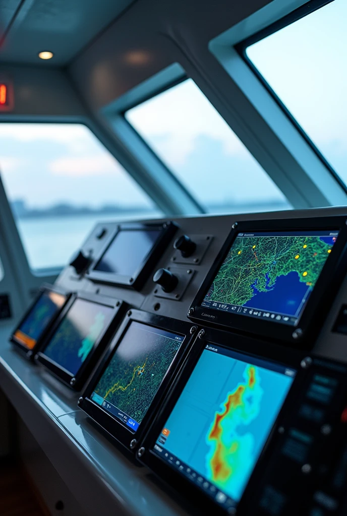 can you generate me a pic of Electronic Chart Display and Information System (ECDIS), Radar/ARPA, Course Recorder, Echo Sounder, Gyro Compass, Electromagnetic/Doppler Log one by one please.