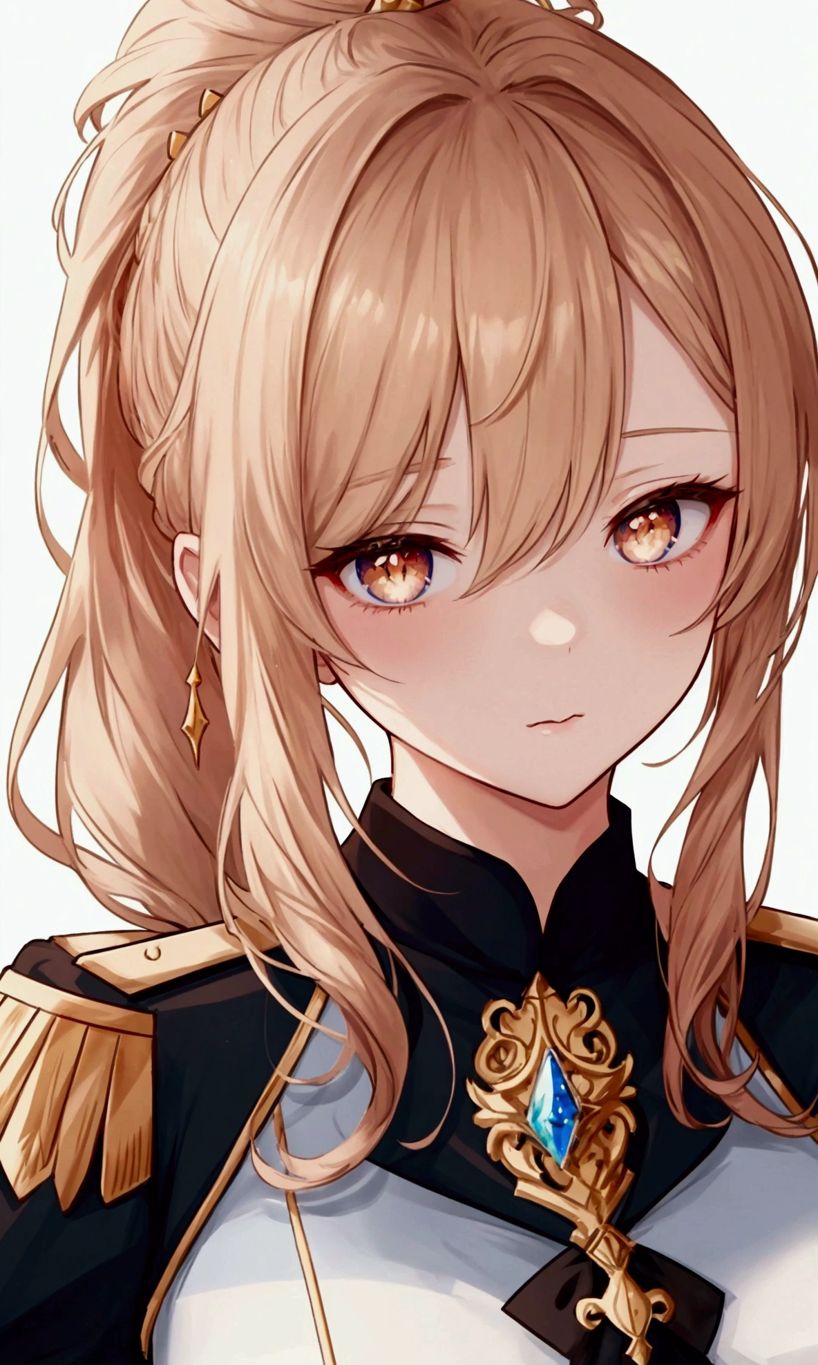 (illustration), (highest quality), (masterpiece), (Glitter), (Uniform), (pants), (Knight's uniform), (alone), (1 woman), (hair tied together), High ponytail, ponytail hair, A delicately drawn face, Shiny golden hair white , long straight hair, pale skin, Eyes that sparkle like jewels, Transparent blue eyes with beautiful details, Cat-eyed, sharp eyes, 멋있는 female elf, female, 20's, 아름다운 투명한 illustration, Soft gradient, (noble), (멋있는 female), (female character), (중세 female character), ((Close-up composition)), ((Make your face visible))