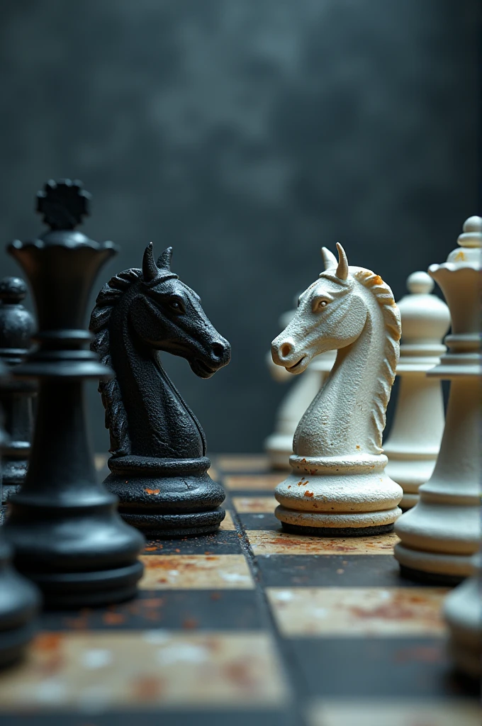 I need you to create an image for me with the following description, A chess board split in half with the black pieces about to lose to the white pieces