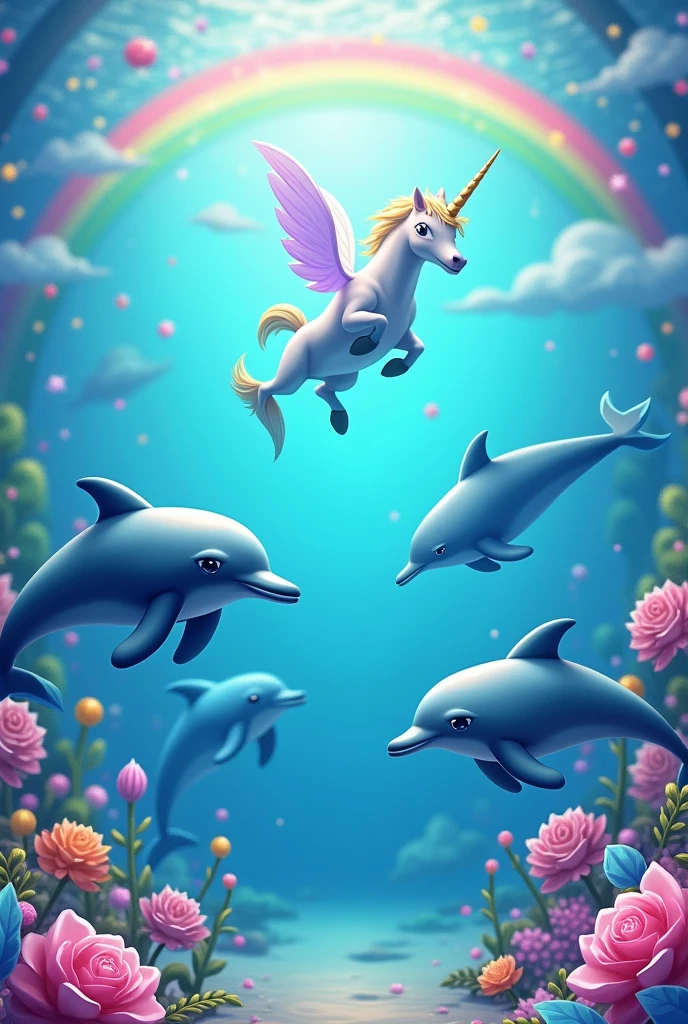 You can make some dolphins in the water with candy and a unicorn flying and in the background a rainbow with the dolphins flying too.