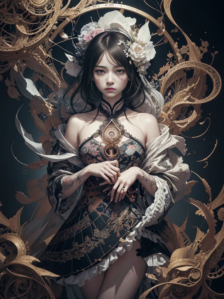 official art, unity 8k wallpaper, ultra detailed, beautiful and aesthetic, masterpiece, best quality, (zentangle, mandala, tangle, entangle), (fractal art:1.3) , 1girl, extremely detailed, dynamic angle, cowboyshot, the most beautiful form of chaos, elegant, a brutalist designed, vivid colours, romanticism, by james jean, roby dwi antono, ross tran, francis bacon, michal mraz, adrian ghenie, petra cortright, gerhard richter, takato yamamoto, ashley wood, atmospheric, ecstasy of musical notes, streaming musical notes visible