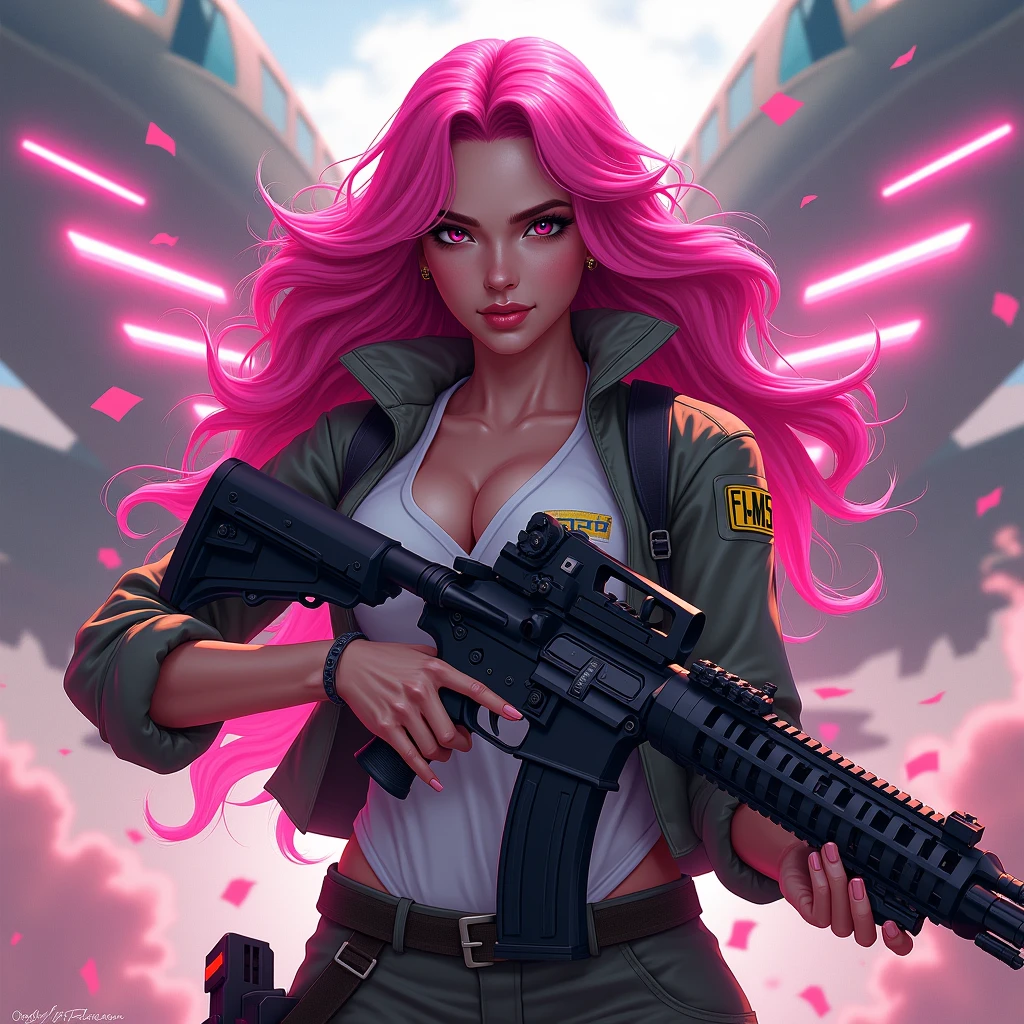 1 woman with exuberant beauty, With long hair, bright pink wavy hair, with a rifle in his hand and looking at the viewer with piercing eyes. Behind her there is an Air Force war plane and some pink details and a luminous sign that says “FMS”