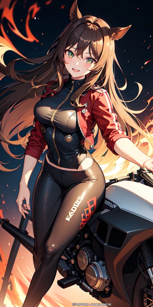 1 person,woman,Medium long hairstyle,Brown Hair,blue flame, Vortex of flames,wallpaper, wind景,Depth of written boundary, night, Particles of light, light, Side light, Thighs,****, cloud,gauze, Large Breasts, Green Eyes, Horse ears, Bright smile,Open your mouth,wind,Riding a red motorcycle,vehicle,Driving,Straddle,Riders jacket,Riders pants,sunglasses,