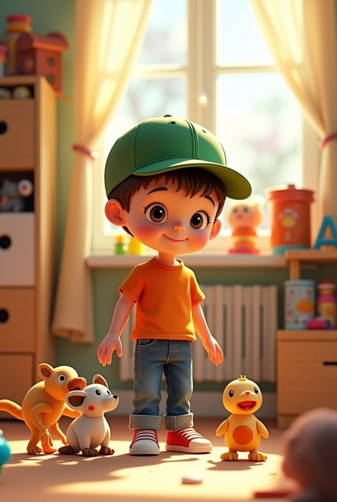 A boy in an orange shirt, blue pants and a green cap playing with his toys