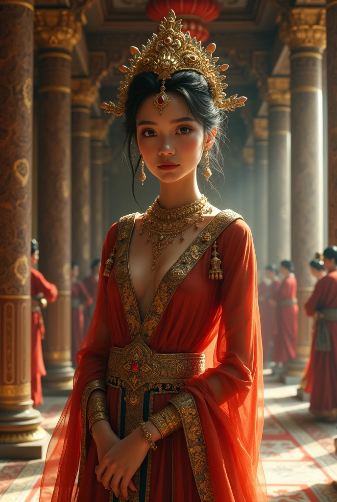 
flux-style, portrait full body female Indonesian princess with slim curvy body, in Indonesian temple in 10th century surronded by servants, Cleavage, painting by jean ingres, Frank Frazetta, Boris Vallejo, Julie Bell, realistic, trending on artstation, featured on pixiv, cinematic composition, extreme detail, metahuman creator

