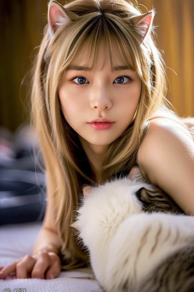 (masterpiece, ultra-detailed, ultra-realistic, best quality, clear focus, photorealistic), (ultra-high resolution, 8k:1.3), cinematic color-grading film, dramatic scenes, shadow, global-illumination, (hip focus:1.3), perfect anatomy, perfect face, (detailed face, detailed eyes:1.3), (1 beautiful Japanese blonde girl), (her sexy body is very fluffy like a cat:1.5), professional light, angry, fangs, (She is lying on the fluffy belly of an extremely huge giant cat:1.4), peck lips