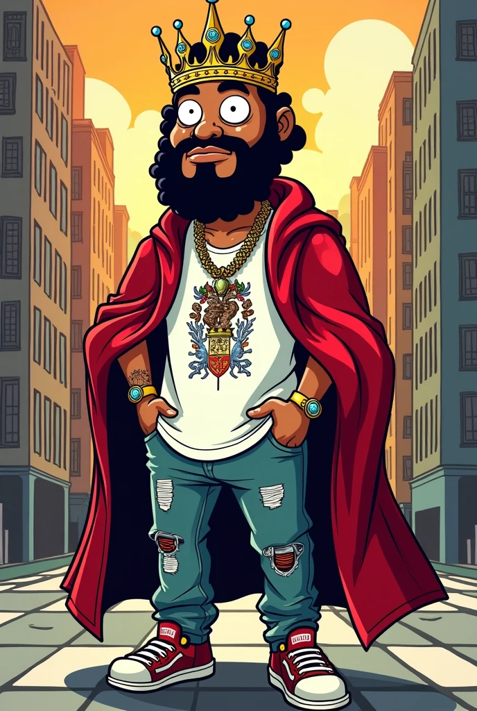 Images of a cartoon king wearing a streetwear outfit 