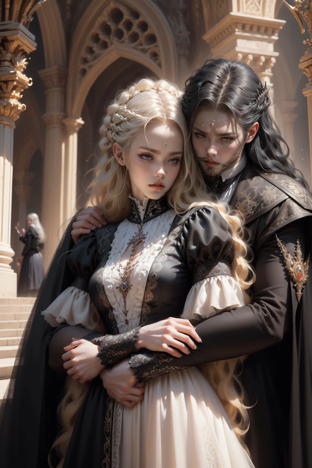 (masterpiece:1.4), (intricate:1.2), (detailed:1.2), (vibrant colors:1.2), BREAK, (gothic:1.2), (tragic:1.3), (romantic:1.3), (fantasy:1.0), BREAK, (pale skinned girl with very long blonde hair and strong bearded man with black hair:1.2), (white victorian dress:1.2), (blue eyes:1.4), (hug:1.2), (victorian era:1.2), BREAK, (opulent:1.2), (regal:1.0), (golden accents:1.0), (castle:1.2), (roses:1.2)