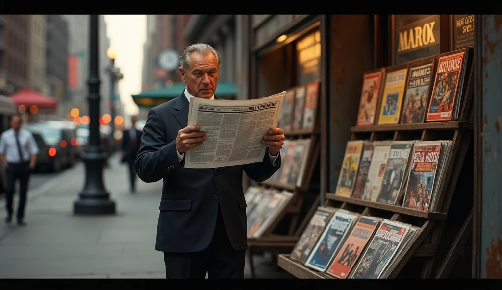 detailed portrait of a man reading a newspaper in front of a magazine stand, new york city 1990, high quality, photorealistic, dramatic lighting, urban street scene, vintage retro style, gritty realistic, cinematic, warm tones, beautiful colors, perfect focus, ultra detailed