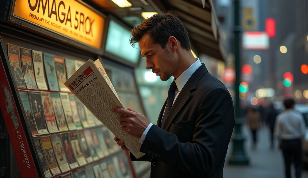 detailed portrait of a man reading a newspaper in front of a magazine stand, new york city 1990, high quality, photorealistic, dramatic lighting, urban street scene, vintage retro style, gritty realistic, cinematic, warm tones, beautiful colors, perfect focus, ultra detailed