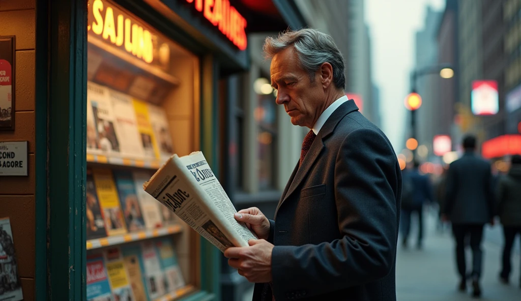 detailed portrait of a man reading a newspaper in front of a magazine stand, new york city 1990, high quality, photorealistic, dramatic lighting, urban street scene, vintage retro style, gritty realistic, cinematic, warm tones, beautiful colors, perfect focus, ultra detailed
