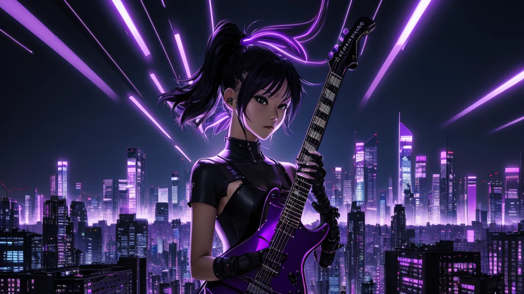 wallpaper、Anime Style、cyber punk、Silhouette of a woman holding an electric guitar、Silhouette is black、The background is a purple cityscape、