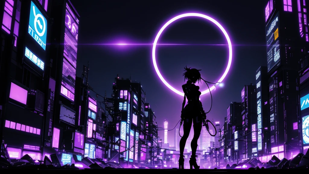 wallpaper、Anime Style、cyber punk、Silhouette of a woman holding an electric guitar、Silhouette is black、The background is a purple cityscape、