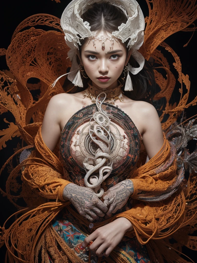own flag, keeping a tiger, guru of an emerging religion, floating in the air, , black mask, mourning, black small hat, veil on the face, luxurious costume, lace black gloves, big, mandala in the background, (believers are sitting on the ground), close eyes,