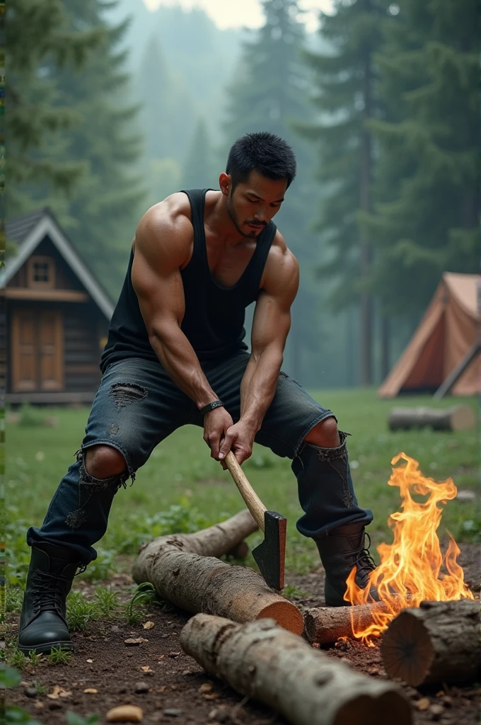 cinematic, an asian man, wearing a black tank top, ripped jeans, black boots, is chopping wood with an axe.. set in a forest, a wooden house, a camping tent