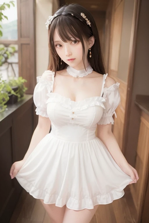 ゴージャスなフリルと複雑な刺繍の入ったdress、8k、See through、Shooting from an angle、High resolution、cute、24-years-old、Hyper Real、Highest quality, masterpiece、3d, High Dynamic Range、Fantasy, cyber punk, middle ages、Hip Up、Large Breasts, PBR Surface、Written boundary depth, Maximum clarity and sharpness, multilayer surface、Perfect Proportions, 8k RAWファイル, Very detailed, Perfect Proportions, Volumetric lighting, Soft lighting、Glowing Skin、Castle Background, gem, Earrings, Perfect Fingers、Golden Ratio、Woman in maid outfit、dress、素敵なdressを着たcuteワイフ, Moe art style、Beautiful art、sexy、M-shaped legs、masterpiece, Very detailed, Ultra high definition, Textured skin