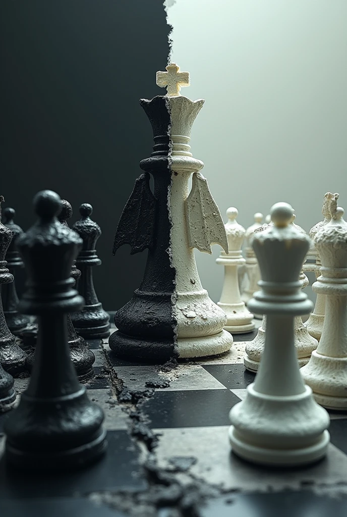 I need you to create an image for me with the following description, A chess board split in half with the black pieces about to lose to the white pieces