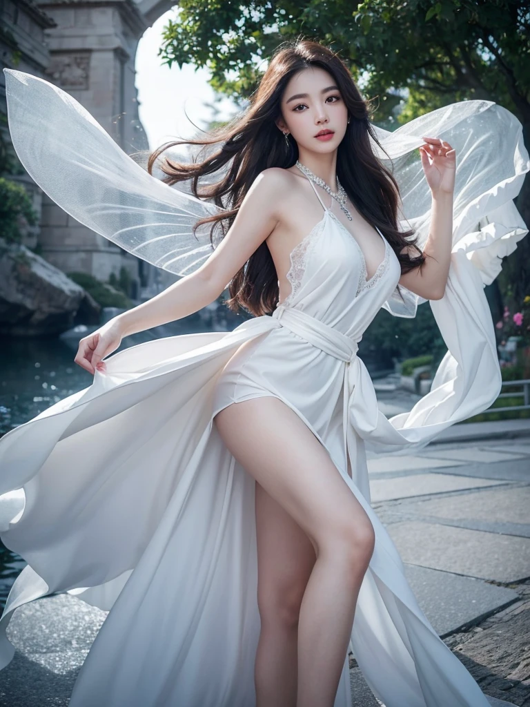 Romantic Rose White Dress 2, Deep in Wonderland,The moonlight falls like water,foggy room,The figure of the heroine is vaguely visible,Just like the fairy in the painting,Slender sexy legs,Very beautiful legs,Show sexy,Large Breasts,Beautiful with a hint of mystery。Her face is beautiful and delicate,Like finely carved jade,Showing otherworldly beauty。picturesque eyebrows,The waves in my eyes are like twinkling stars,Show the light of perseverance and wisdom。The bridge of the nose is straight,Lip color like cherry,The slightly raised corners of the mouth reveal confidence and calmness。Her face is chiseled,Skin as fair as jade,Reveal a healthy glow,like a fairy, She never eats fireworks in this world。Her makeup is light and delicate,Not too much embellishment,But enough to show her temperament and charm。Light-colored foundation brings out the transparency of the skin,A light eyebrow pencil outlines her perfect eyebrow shape,Eye makeup is eye shadow and eyeliner,Make her eyes brighter and more energetic。嘴唇涂上elegant的口红,Adds a bit of charm and sophistication。她白色透明的衣服elegant别致,Clothes flying,It seems like it will be blown up by the wind at any time,drifting into the distance。既不失elegant,Also showed off her extraordinary skills。A wide belt is tied around the waist,There is a crystal clear jade pendant hanging on it,Swinging with her movements。Her hair is tied back casually,Protect it with hostas,A few strands of hair are fluttering gently in the wind,Adds a bit of softness。Her figure is looming in the fairyland,宛如一道Large Breasts Beautiful的风景线,Attracted everyone's concern。She seems to be a fairy in wonderland,Large Breasts Beautiful、elegant、mystery、and full of power。8k,beautiful hands、foot,like a fairy'Perfect natural fingers,foot指。