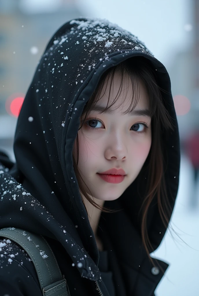 Korean women with smooth white skin, well-groomed face, ,beautiful eyes,black hood,dark storm clouds,satin,joy,hoody,cargo pants,,,backpack,Korean style bun hair ,8k resolution,The content is very detailed,Anatomically correct,sharp image,Tren Pixiv,8k, Masterpiece, best quality, city, snowing, snow cover,Realistic original photo