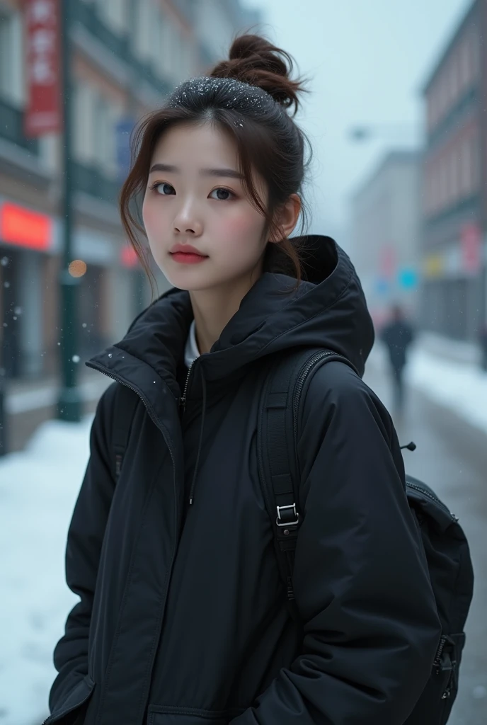 Korean women with smooth white skin, well-groomed face, ,beautiful eyes,black hood,dark storm clouds,satin,joy,hoody,cargo pants,,,backpack,Korean style bun hair ,8k resolution,The content is very detailed,Anatomically correct,sharp image,Tren Pixiv,8k, Masterpiece, best quality, city, snowing, snow cover,Realistic original photo