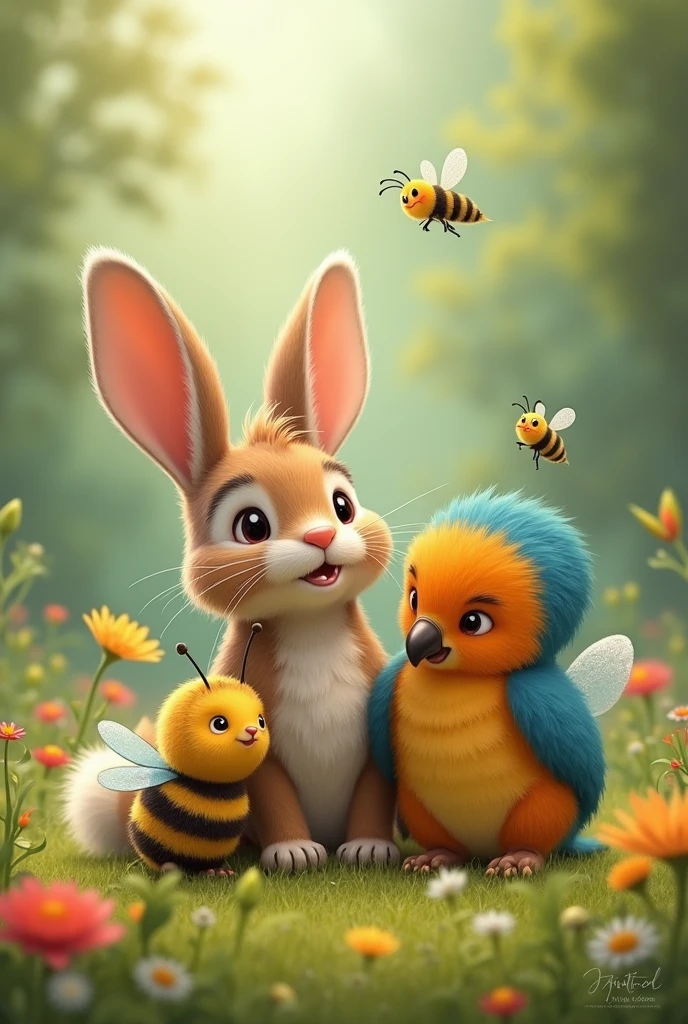 a rabbit, A parrot and a bee being friends 