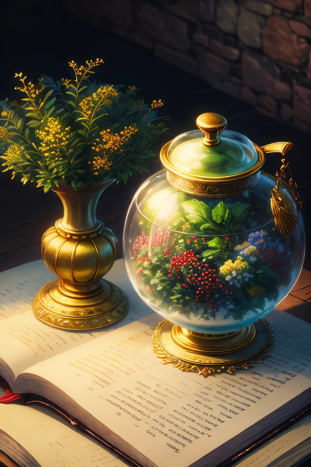 (Highest quality, High resolution), With elaborate illustrations of herbs、Detailed herbal manuscript page, fruit, Berries, Exquisite calligraphy, それぞれの植物やfruitの非常に詳細な描写, Top-down perspective, Configuring centering, no human presence