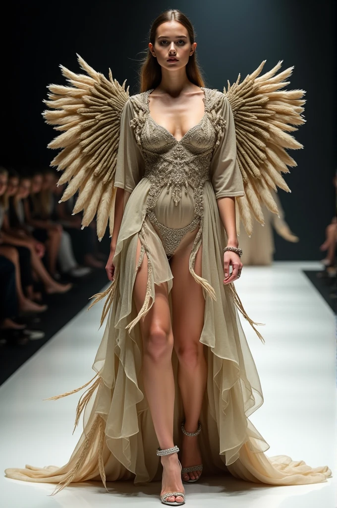 Create a runway outfit with the following theme and inspiration:
theme: Roots and Wings Inspiration: This concept explores the duality between the roots that keep us anchored and the wings that allow us to fly.. The piece symbolizes the importance of recognizing our origins as we seek freedom and personal growth..