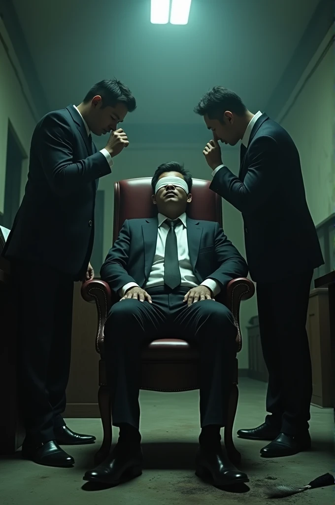Malaysia malay handsome malay Zarul 21years 
He faint 
5Toes  sweaty feet
abondon warehouse 
Hand and leg Tied up on chair blindfolded
Formal Outfit 
feather duster on desk
Dirty black  sock on floor
Red Loafers Shoes on floor
2 evil mafia pinch thier nose
