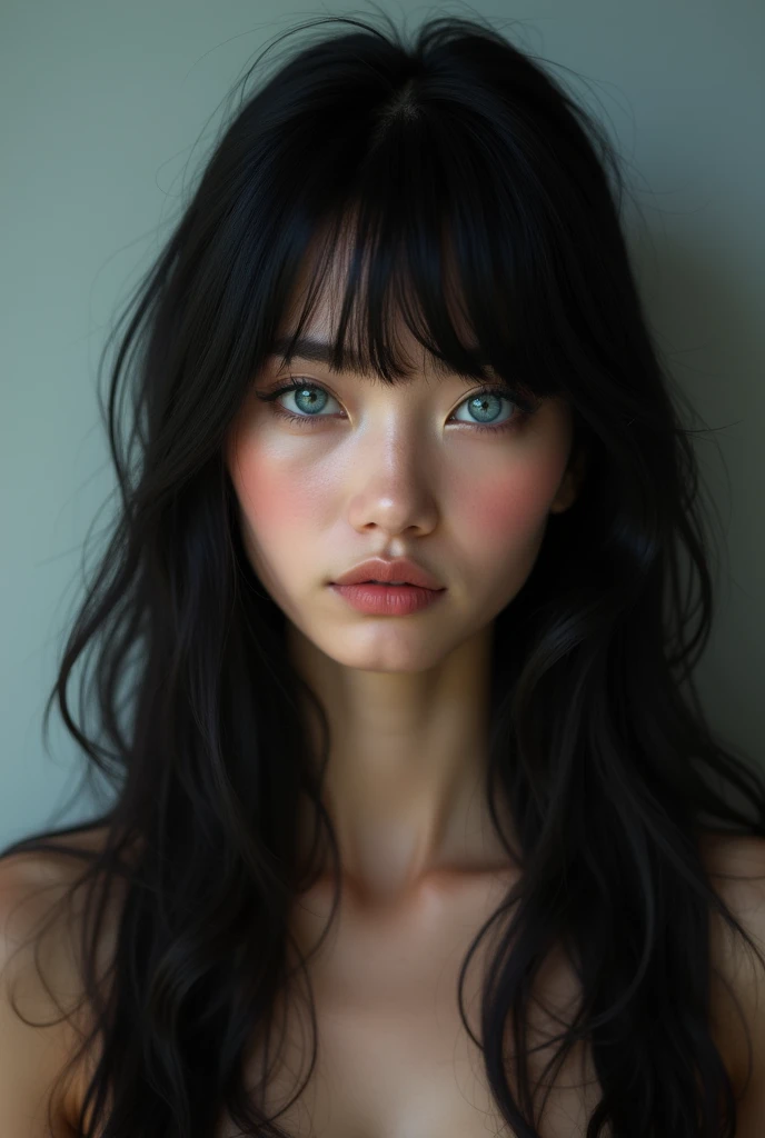 Ultra realistic photography showing full body : americana:realperson: woman with long black hair with full bangs on her forehead, blue colored eyes 